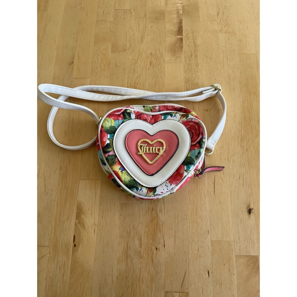 Juicy Couture Rose Floral Heart Crossbody Bag White Pink Gold Logo Womens